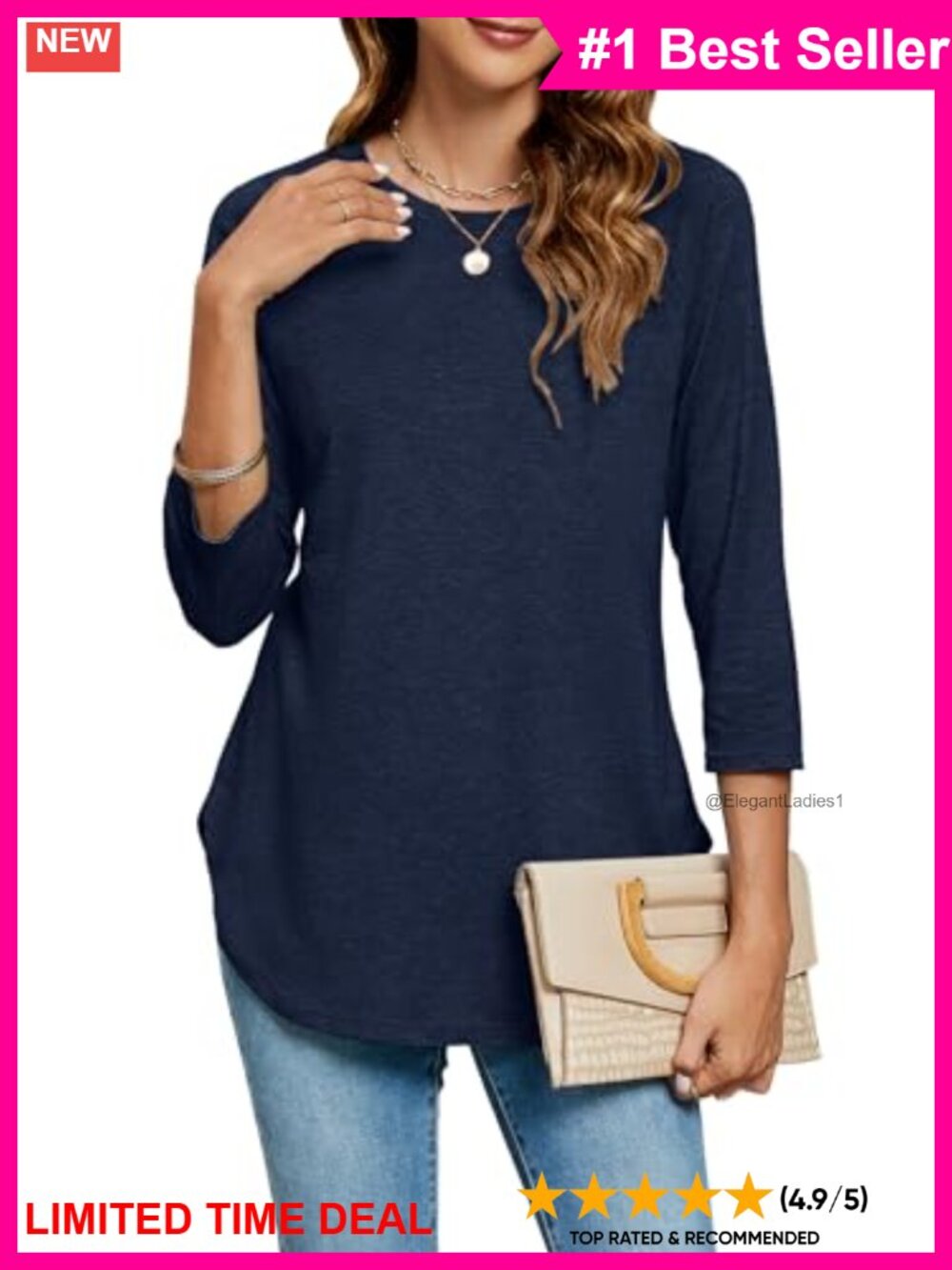 Womens 3/4 Sleeve Tunic Top Round Neck Loose Fit Casual Shirt
